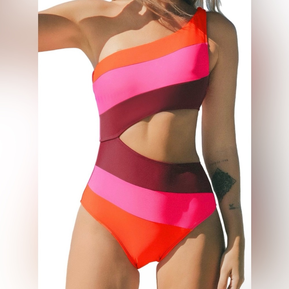 Cupshe One-Shoulder Cutout One-Piece Swimsuit in Orange, Pink, and Burgundy